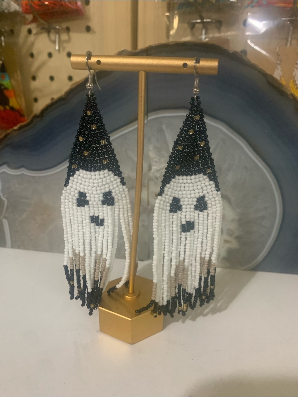 Black & White Beaded Ghost Fringe Earrings - Women Jewelry